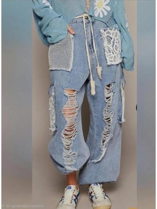 POL Pants - Pol Kalispell Distress Cargo Jean Jogger with Crochet Lace Large Light Denim